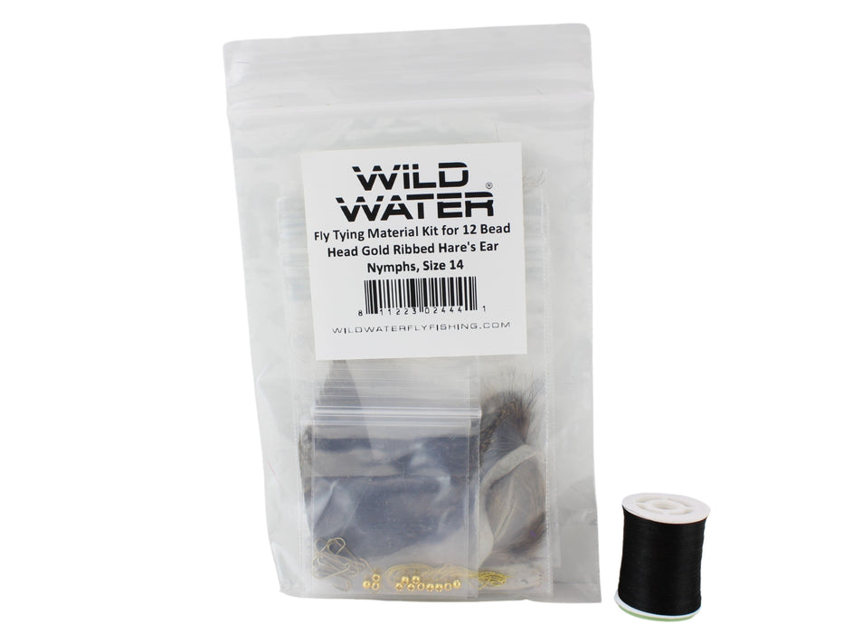 Wild Water Fly Fishing Fly Tying Material Kit, Bead Head Gold Ribbed Hare's Ear Nymph